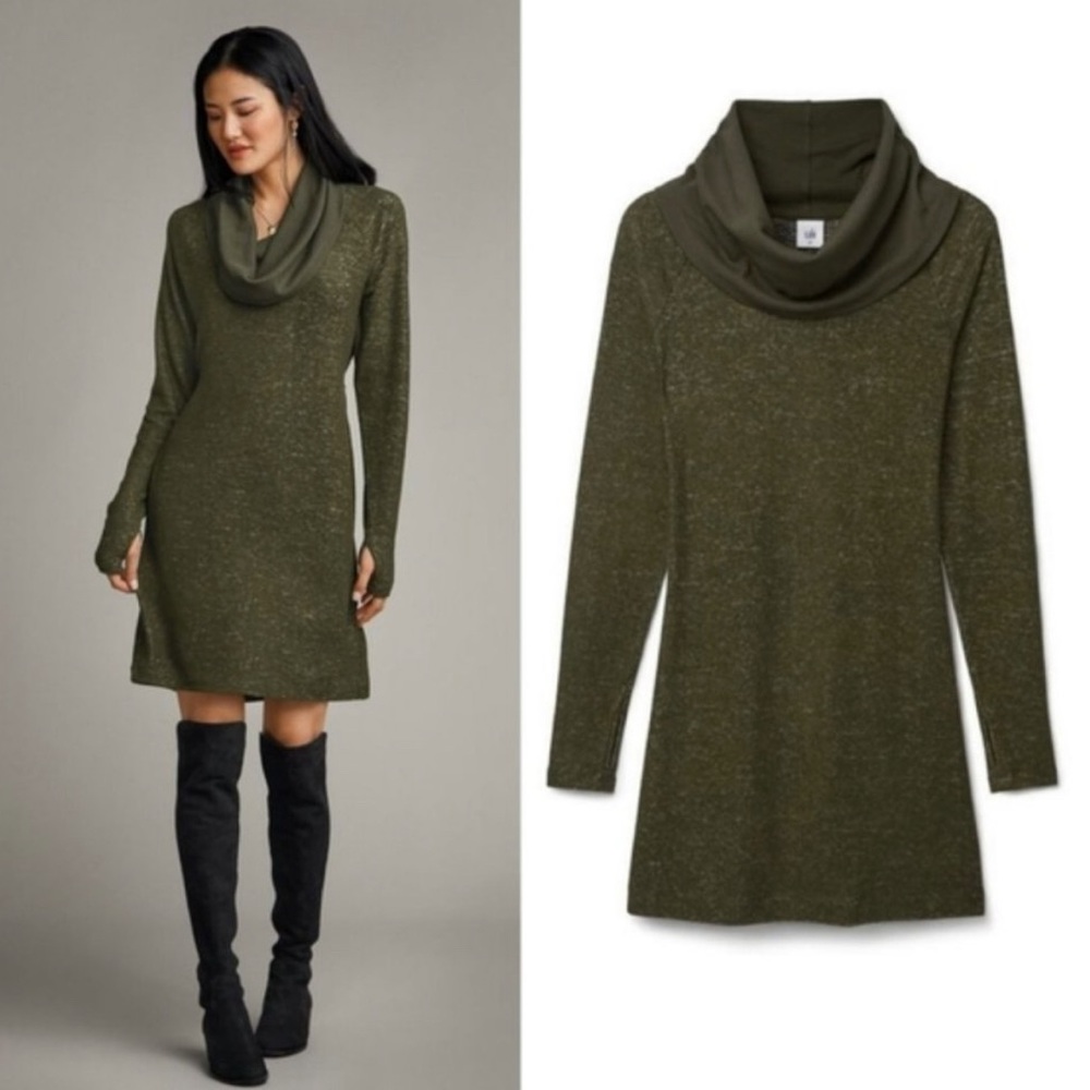 CAbi Green Solace Cowl Neck Cinch Back Sweater Sweatshirt Dress